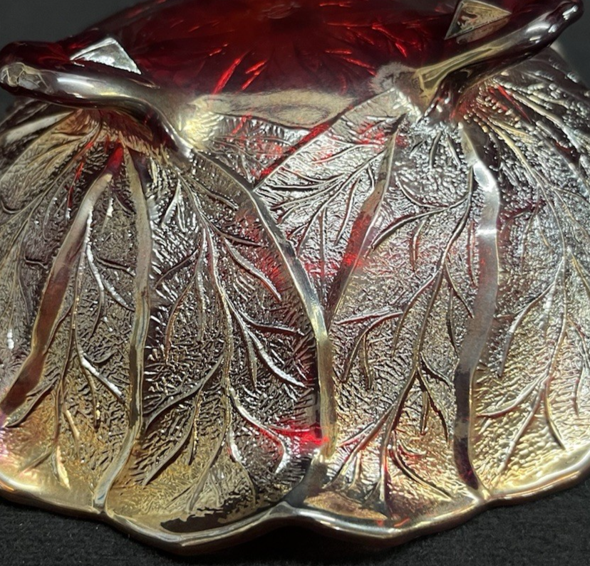 Vintage Imperial Glass OH Carnival Everglade Sunset Ruby 3-Toed Crimped Bowl 7"