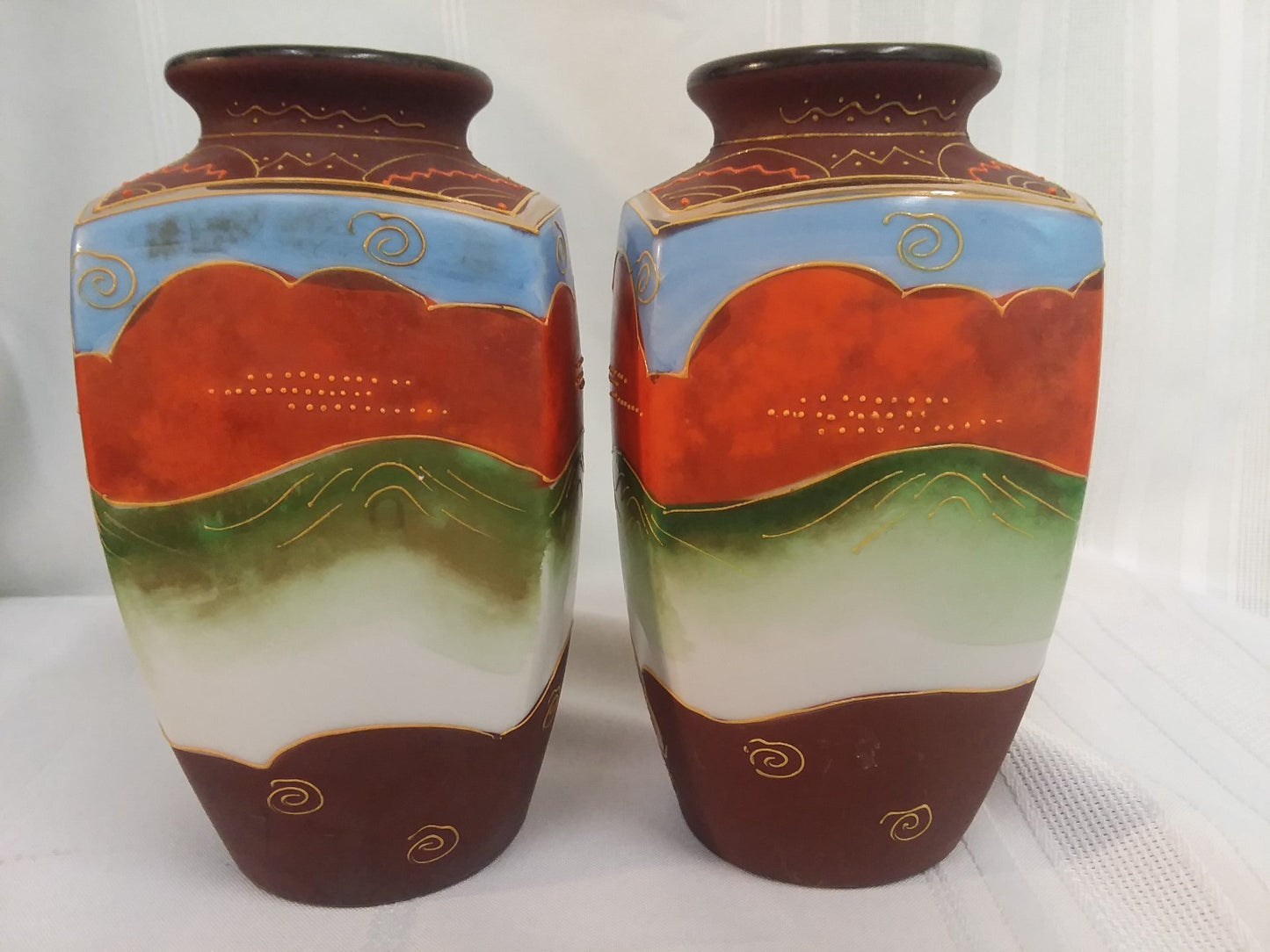 Pair Japanese Moriage Vases Man & Woman Colorful Dragonware  H6" Immortals
