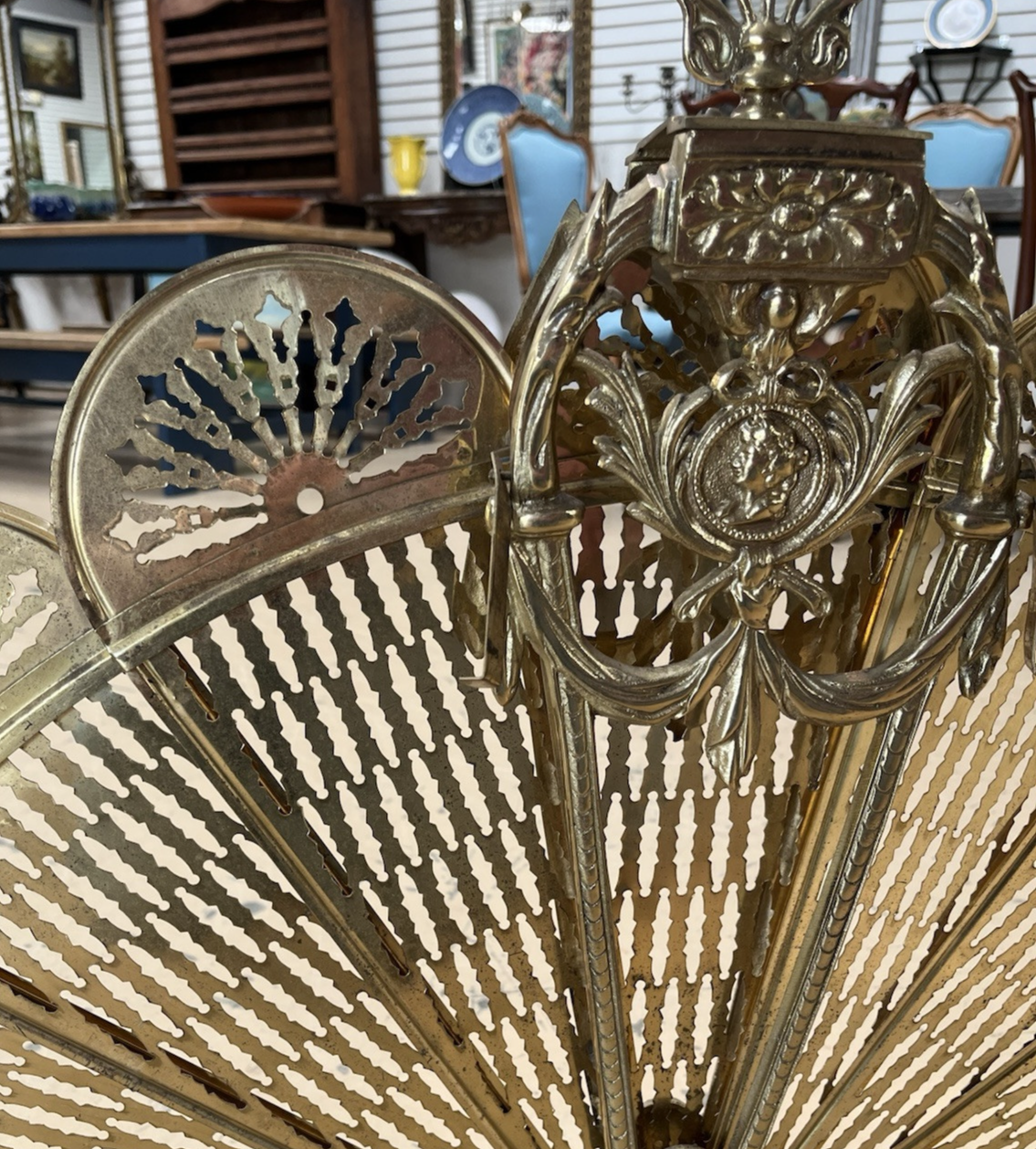 Antique Art Deco Gilt Gold Folding Fan Peacock Fire Screen CL10