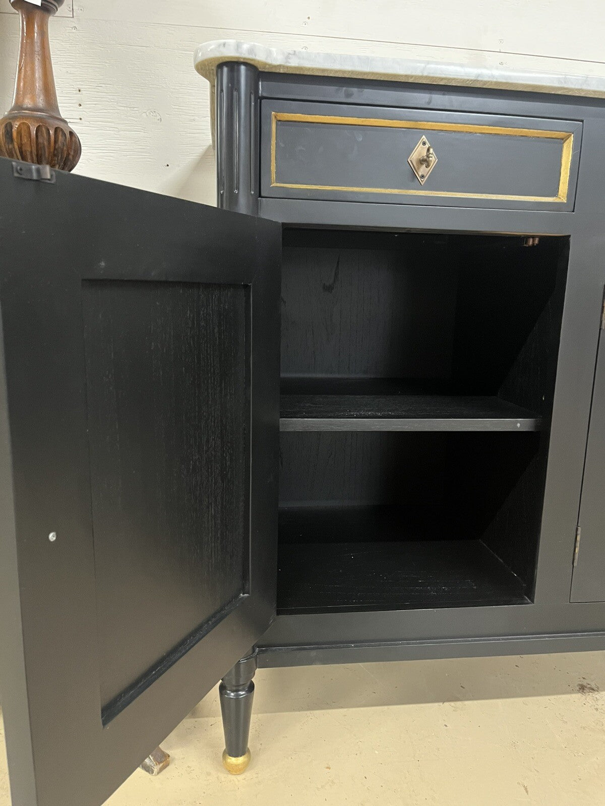 French Louis XVI Marble Top Black & Gold Cabinet Sideboard Cabinet Enfilade