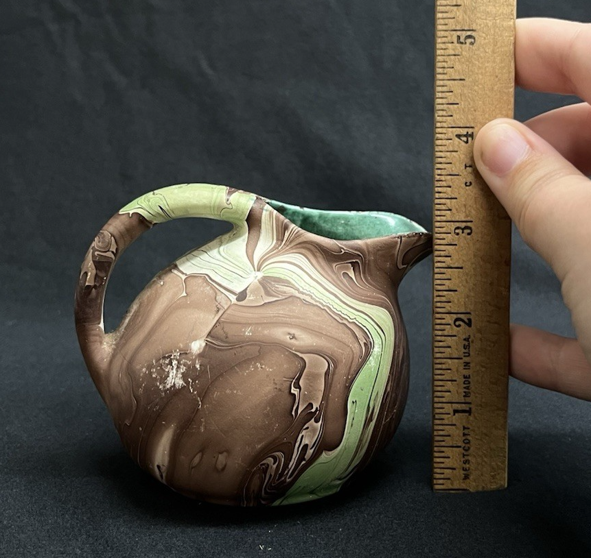 Vintage Nemadji Dessert Pottery Brown and Green Swirl Creamer Glazed Interior