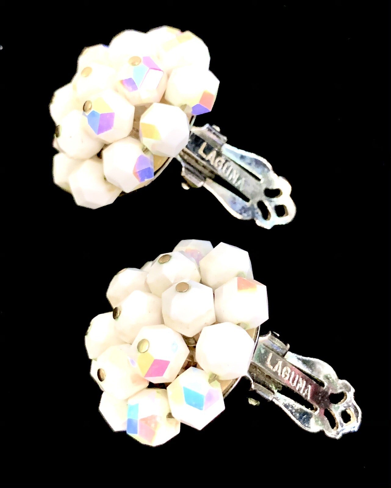 Vintage 1950s Laguna Milk Glass Crystal Clip Earrings Signed