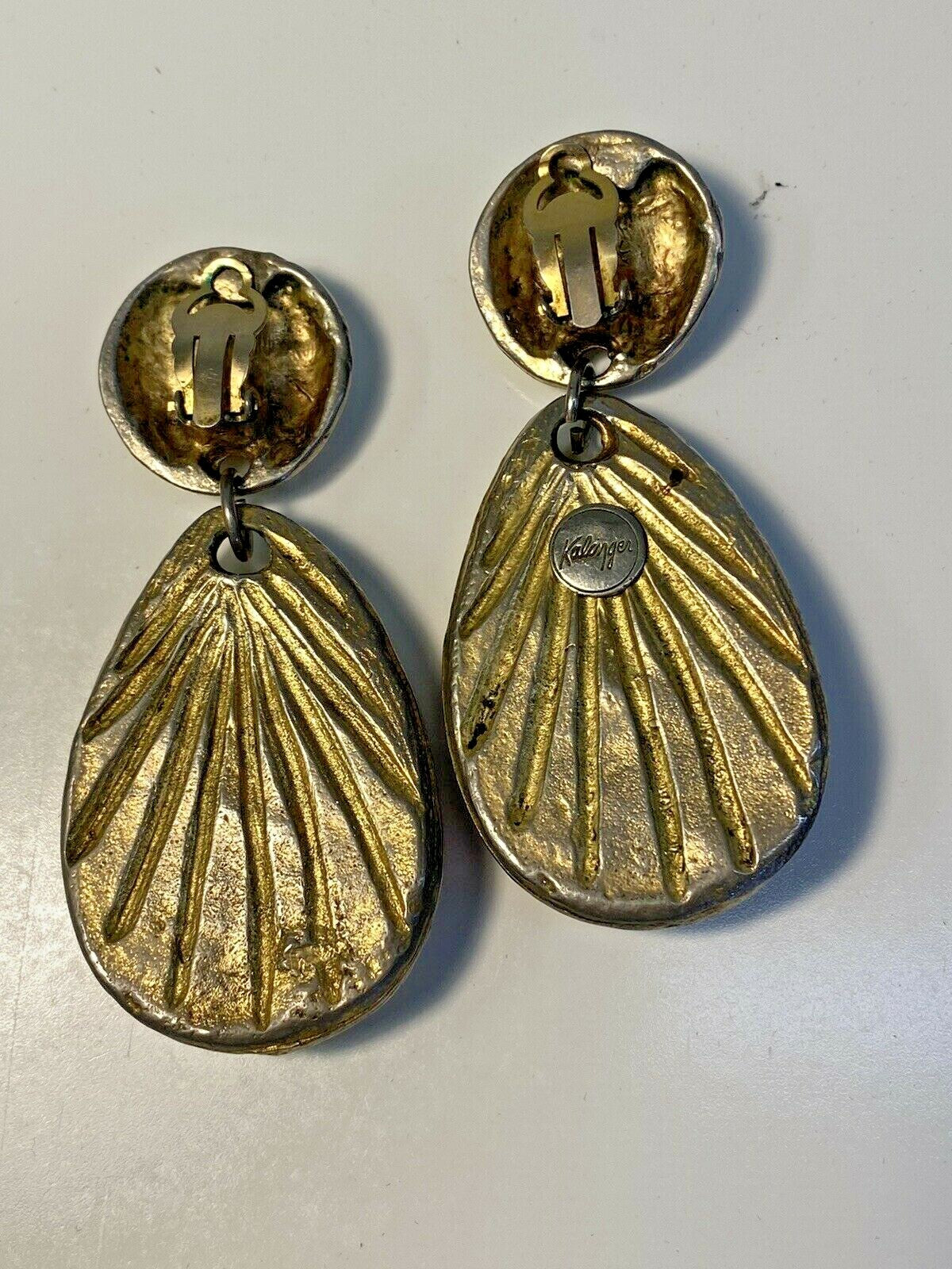 KALINGER PARIS Massive Vtg. French Clip Runway Earrings Gold w Rose & Peach Cabs