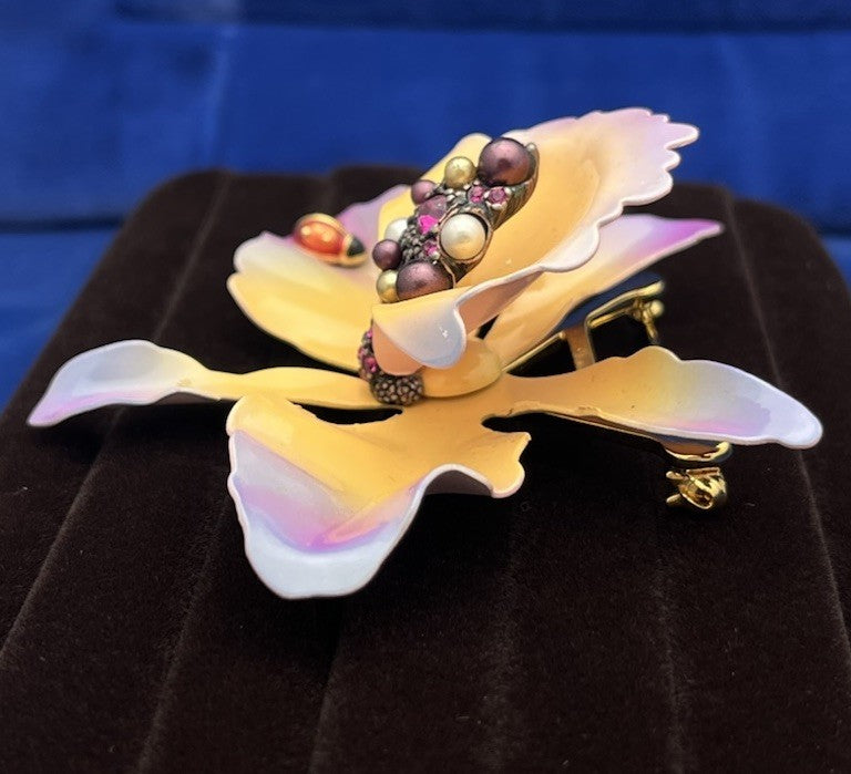 JOAN RIVERS Orchid Brooch Enamel Purple & Peach Flower Lady bug Pin Rhinestones