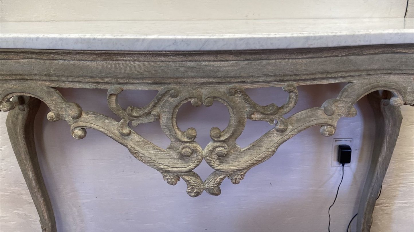 Antique Italian Pierced & White Washed Console Table w/ Marble Top