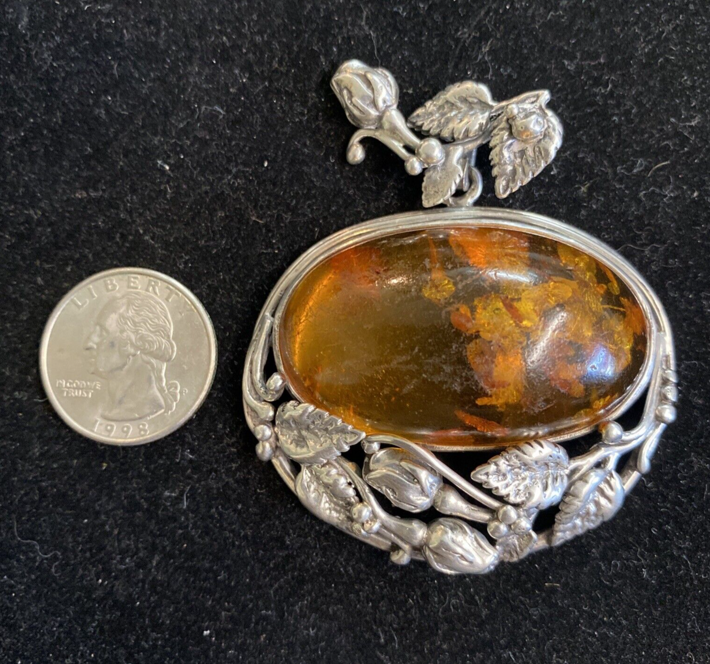 Sterling Silver & Amber 2 3/4" Pendant 51.3g