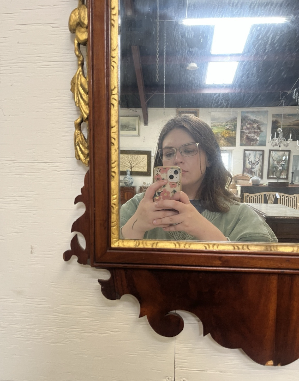 Antique English Chippendale Mahogany Parcel Gilt Mirror w/ Phoenix Bird CL1