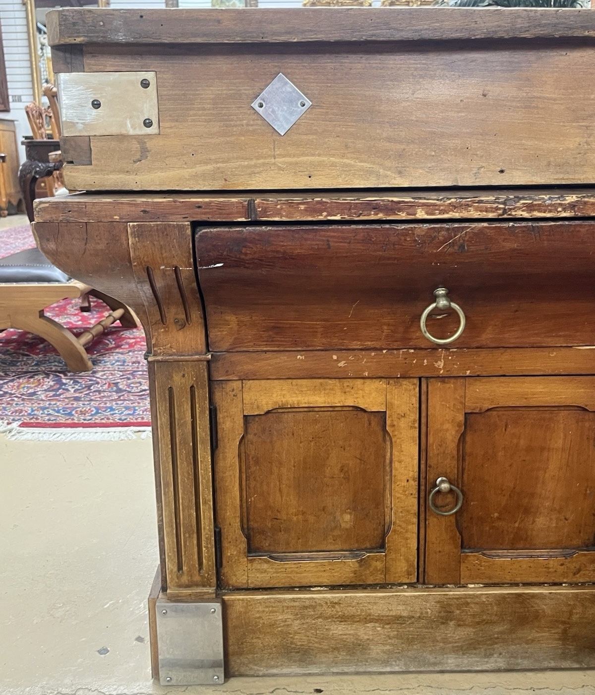 ANTIQUE FRENCH CARVED MIXED WOOD BUTCHER'S BLOCK WORK TABLE ISLAND 61" x 21"