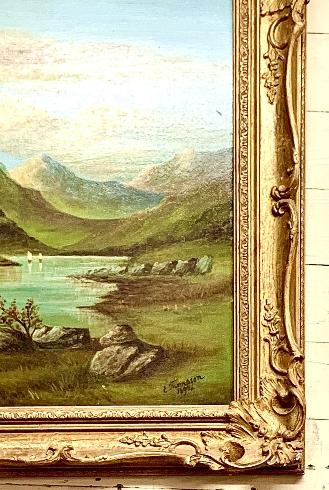 E. Thompson Oil Painting on Panel Signed 1894 Mountains & Lake Earl
