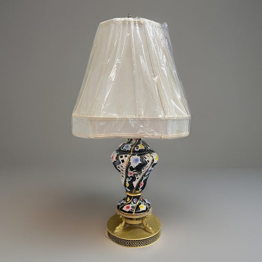 Vintage Capodimonte Porcelain Pierced Black & Gold Floral Lamp w/ Shade 26"