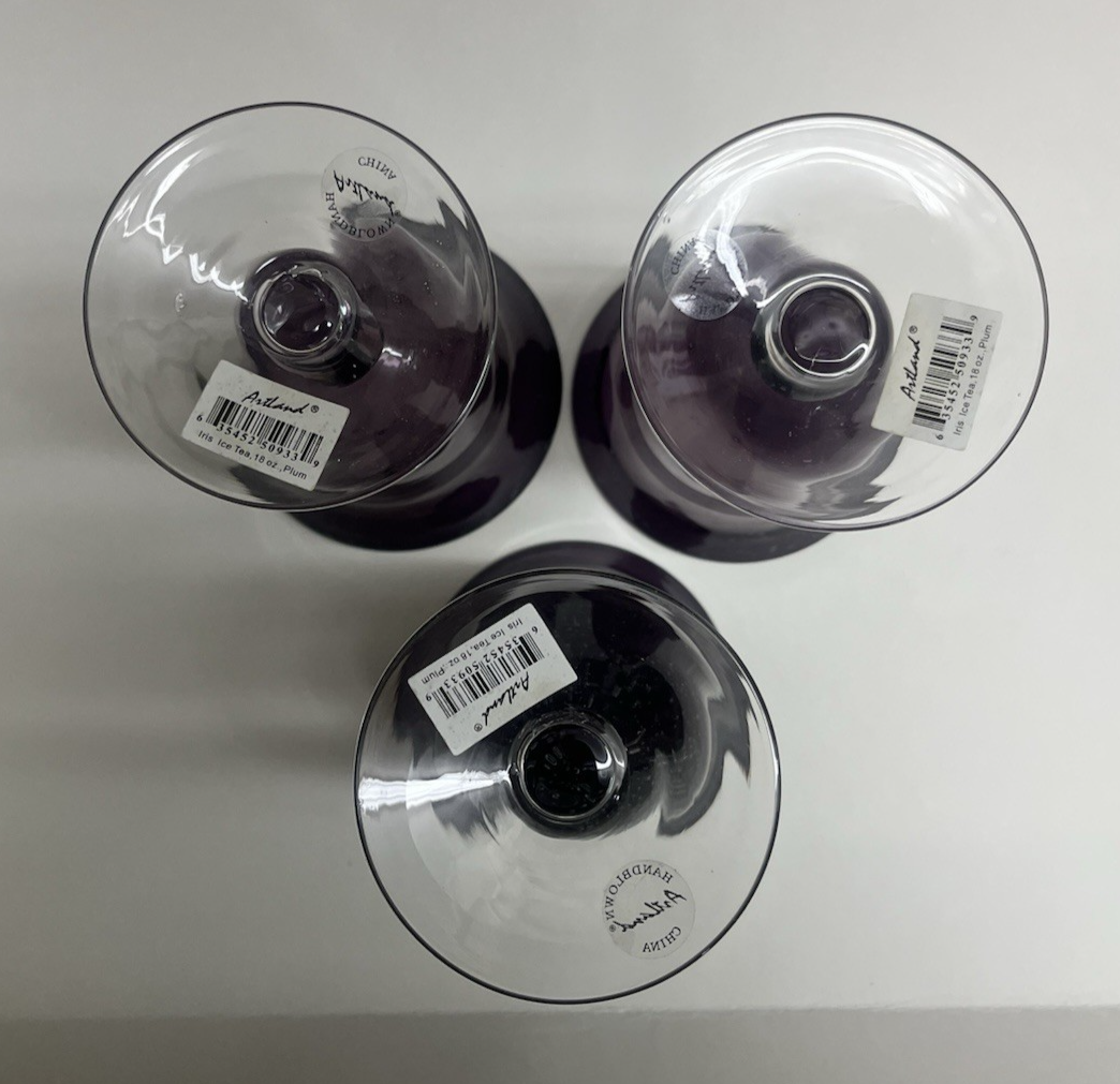 Set of 3 Artland Blown Glass Iris Plum Footed 18oz Ice Tea Glasses w/ Tags 7.5"