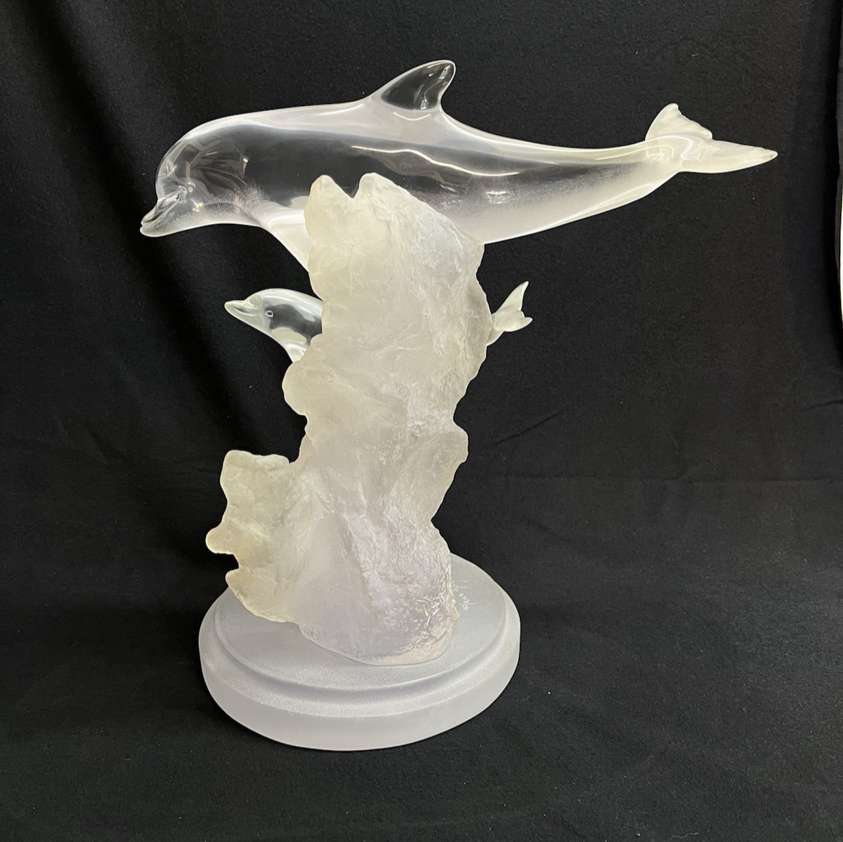 PB9 Donjo Clear Acrylic/Lucite Two Dolphins Swimming Sculpture Signed
