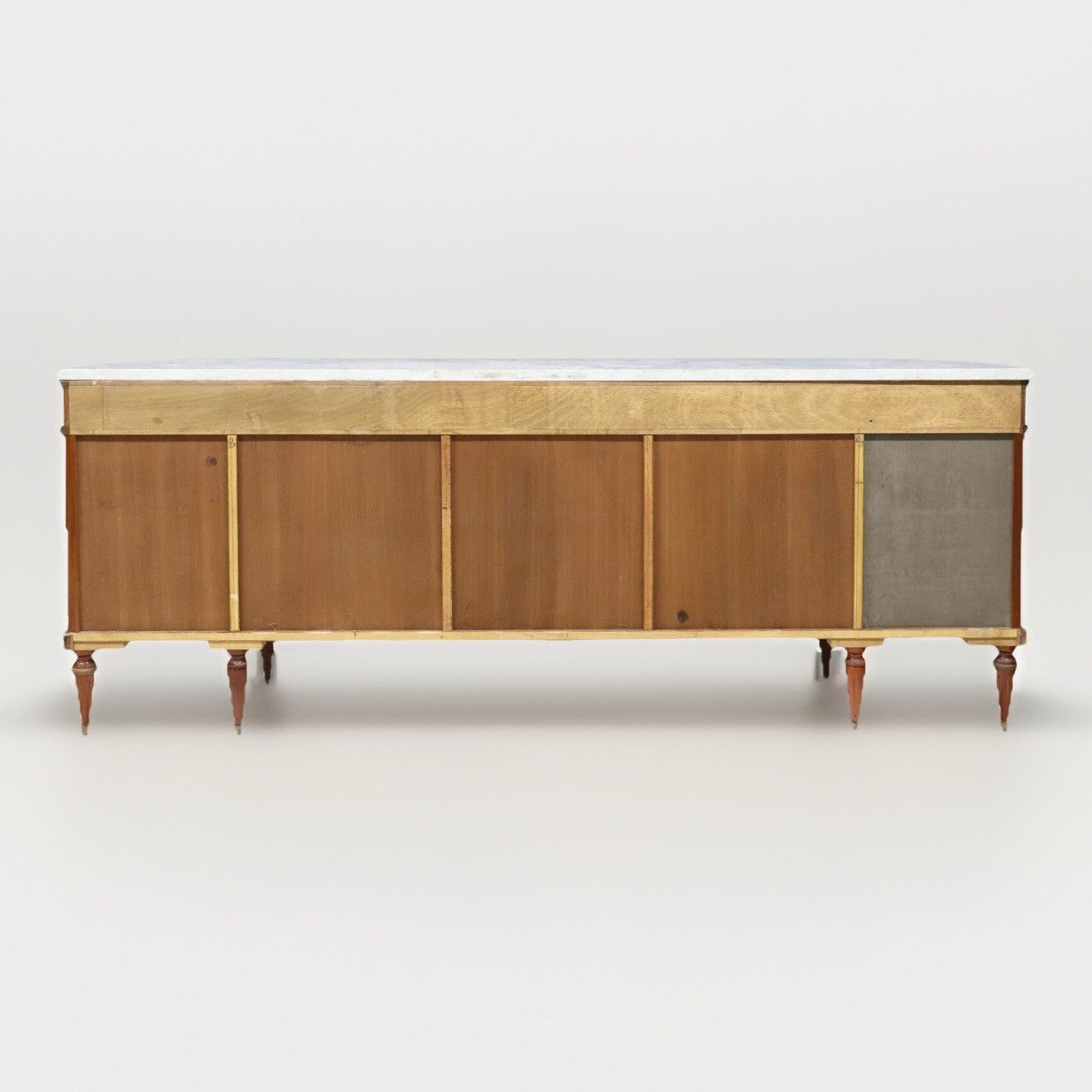 FRENCH LOUIS XVI MARBLE-TOP LACQUERED MARQUETRY DEMILUNE ENFILADE SIDEBOARD 105"