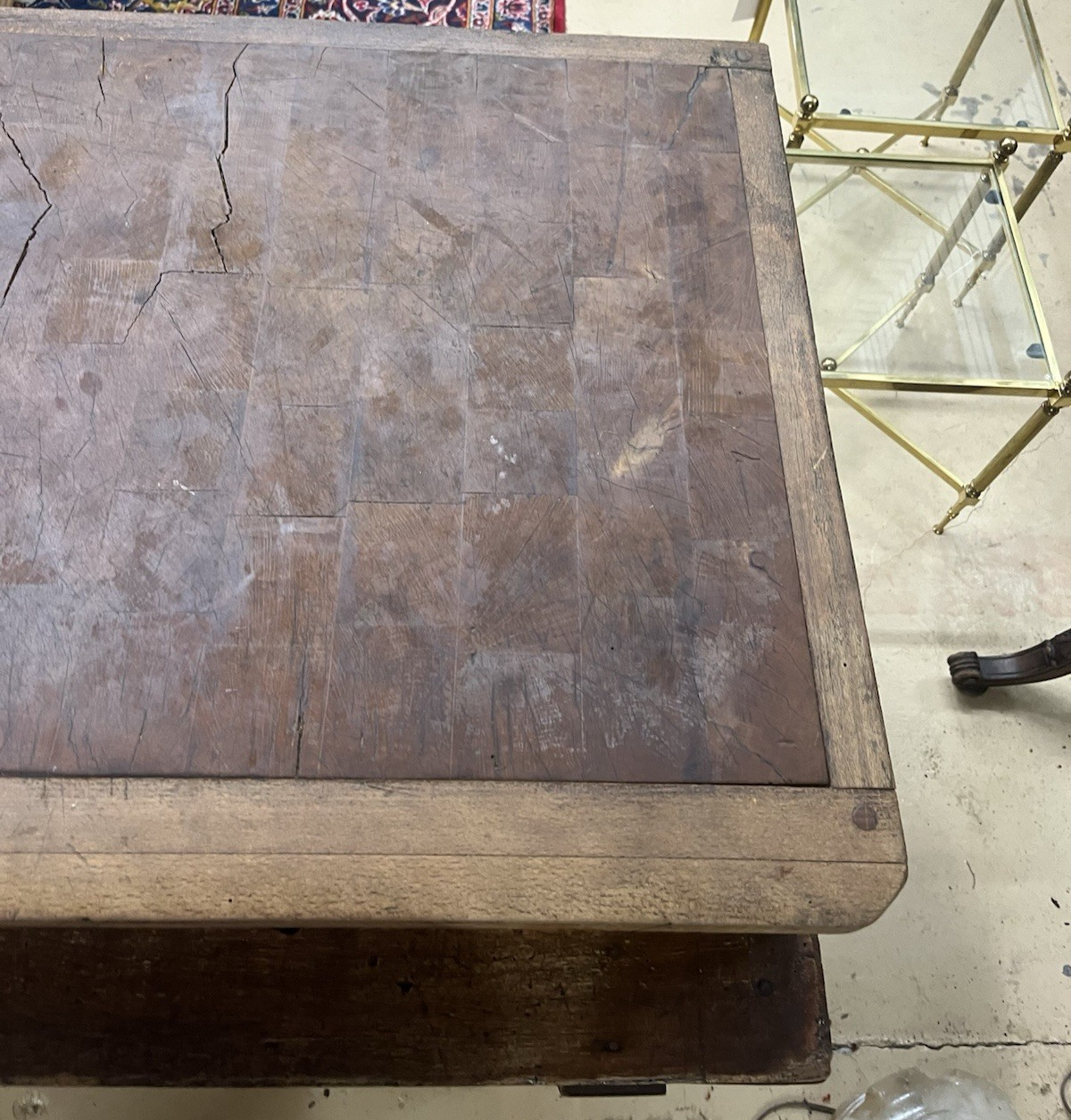 ANTIQUE FRENCH CARVED MIXED WOOD BUTCHER'S BLOCK WORK TABLE ISLAND 61" x 21"