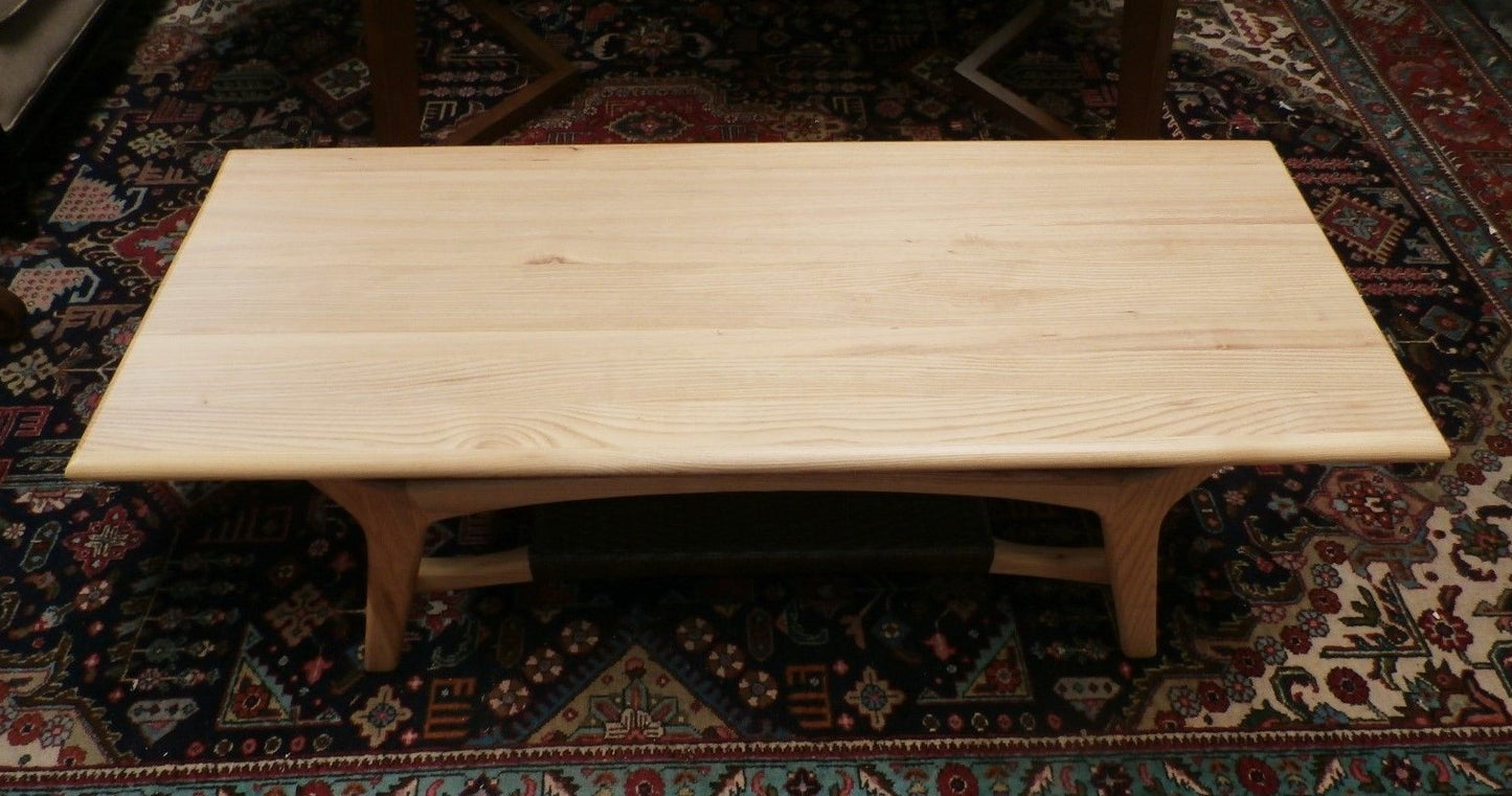 Mid Century Modern Style Solid  Ash Coffee Table with Rattan Shelf Midcentury