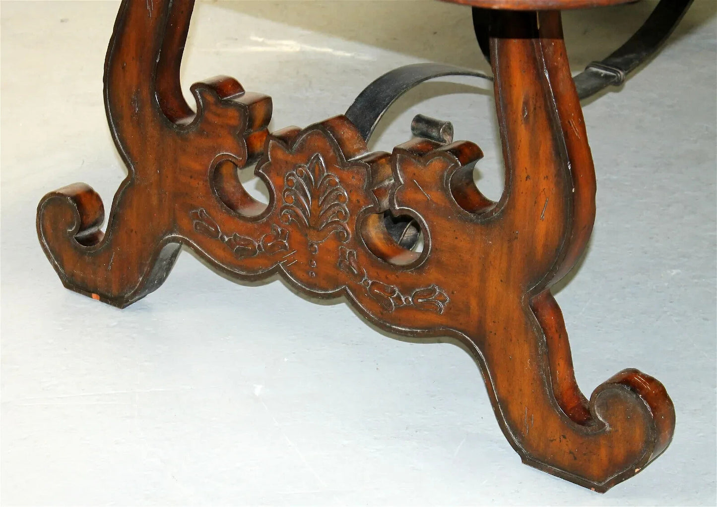 MAITLAND SMITH BAROQUE SPANISH STYLE DINING TABLE W/ INLAY & METAL STRETCHER 90”