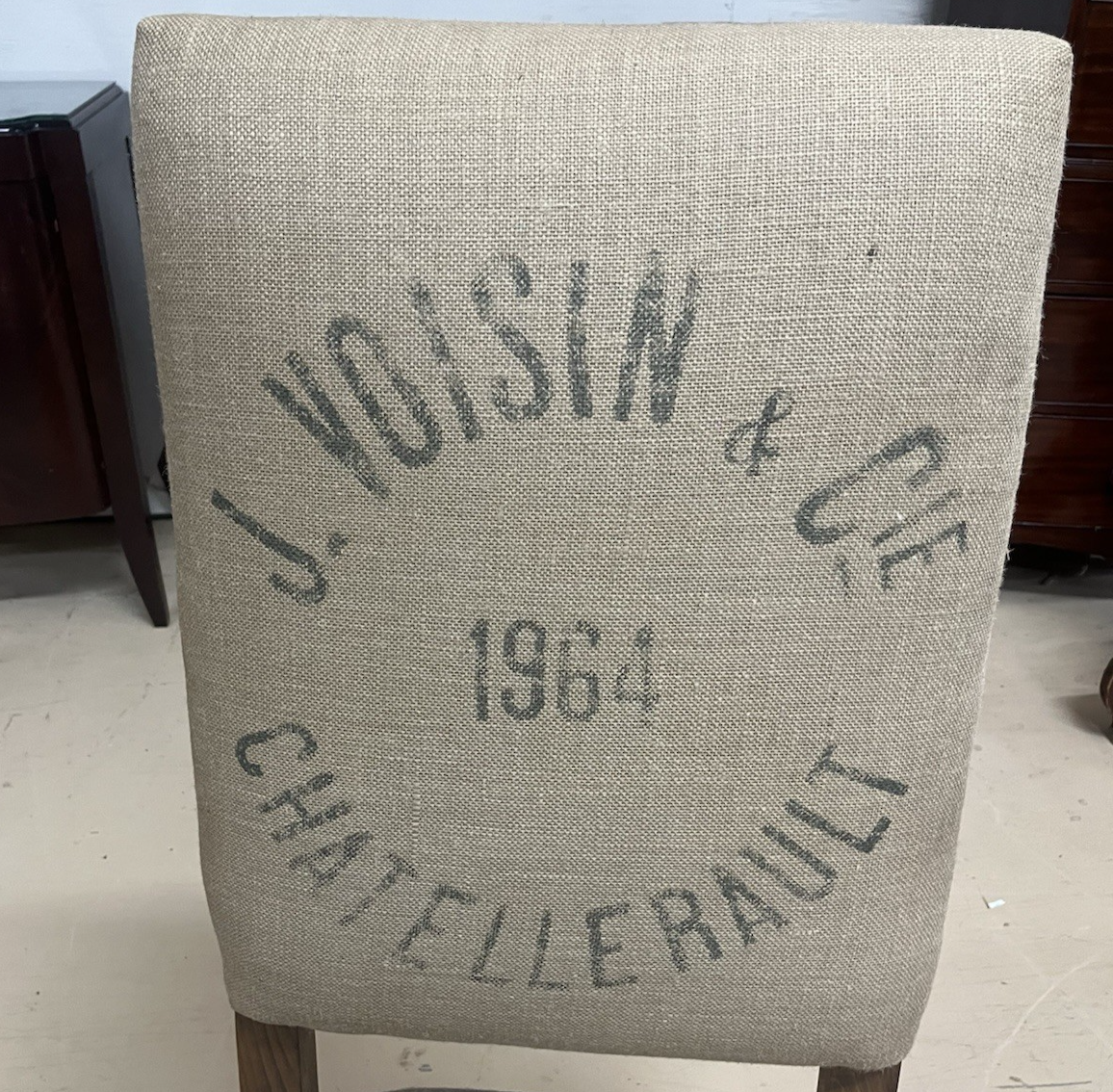 PAIR OF RESTORATION HARDWARE '1890 ENGLISH BAROQUE' BURLAP HIGHBACK CHAIRS