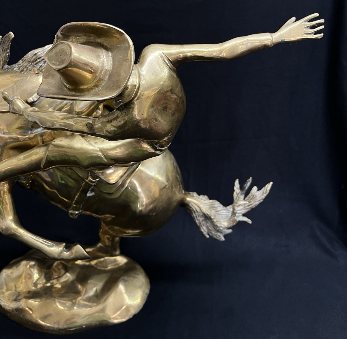 Polished Brass Wild Bucking Bronco w/ Removable Cowboy Rider Sculpture 21"