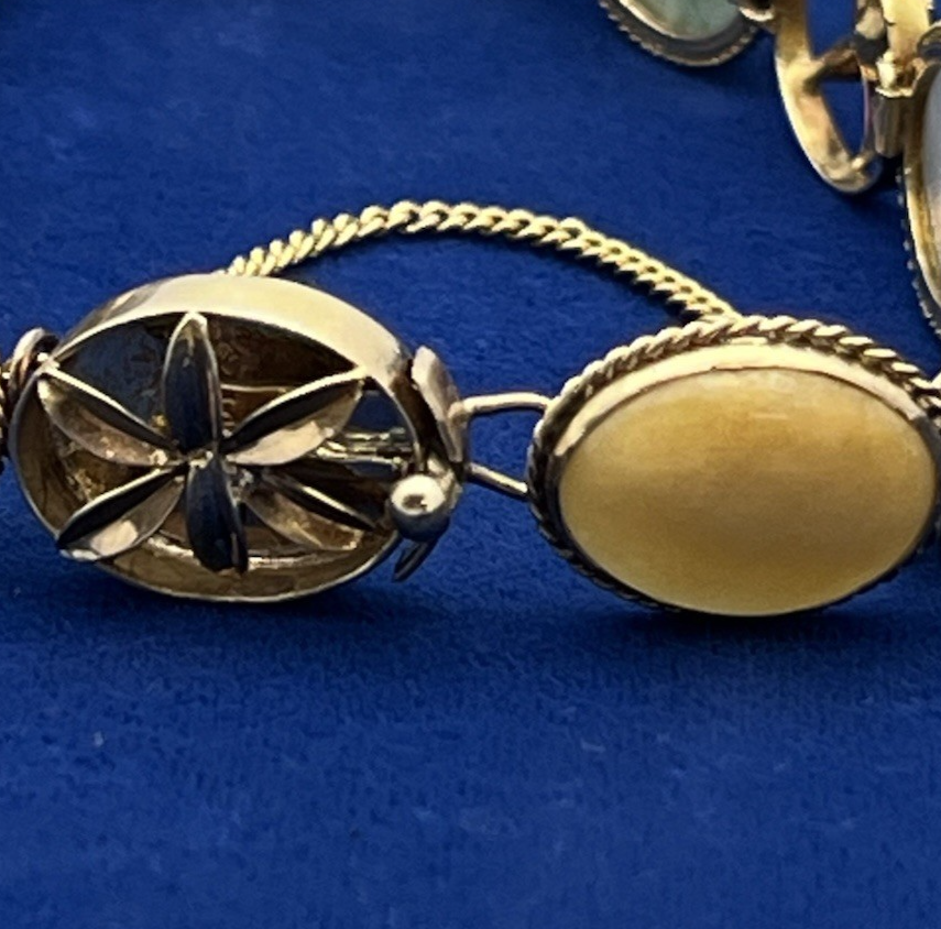 14K Yellow Gold Floral Six Multi Color Oval Cabochon Jade Bracelet 8 in