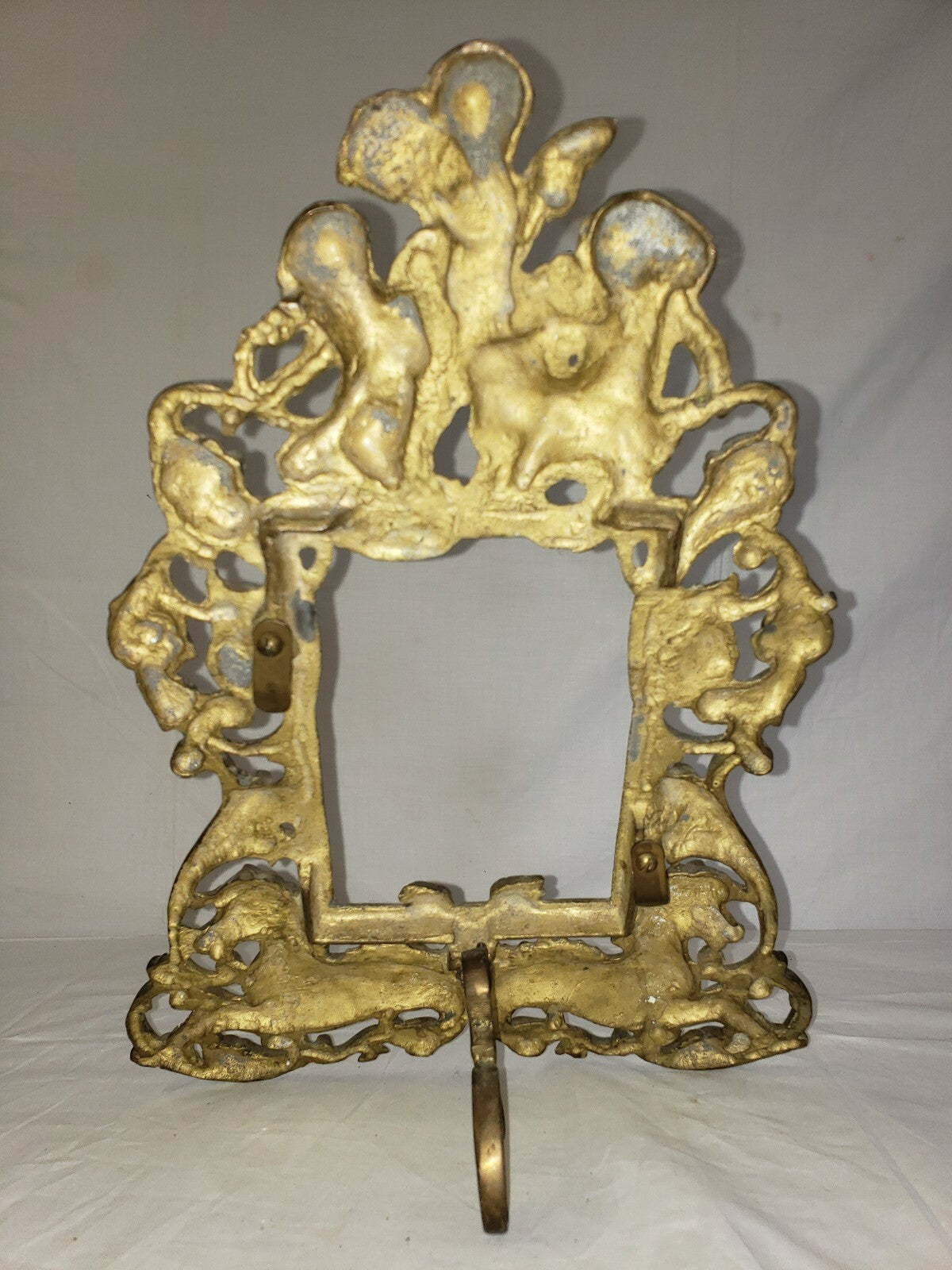 Antique Gilt Cast Iron Picture Frame  Cherubs Sea Horses Tabletop w Leg H 13"