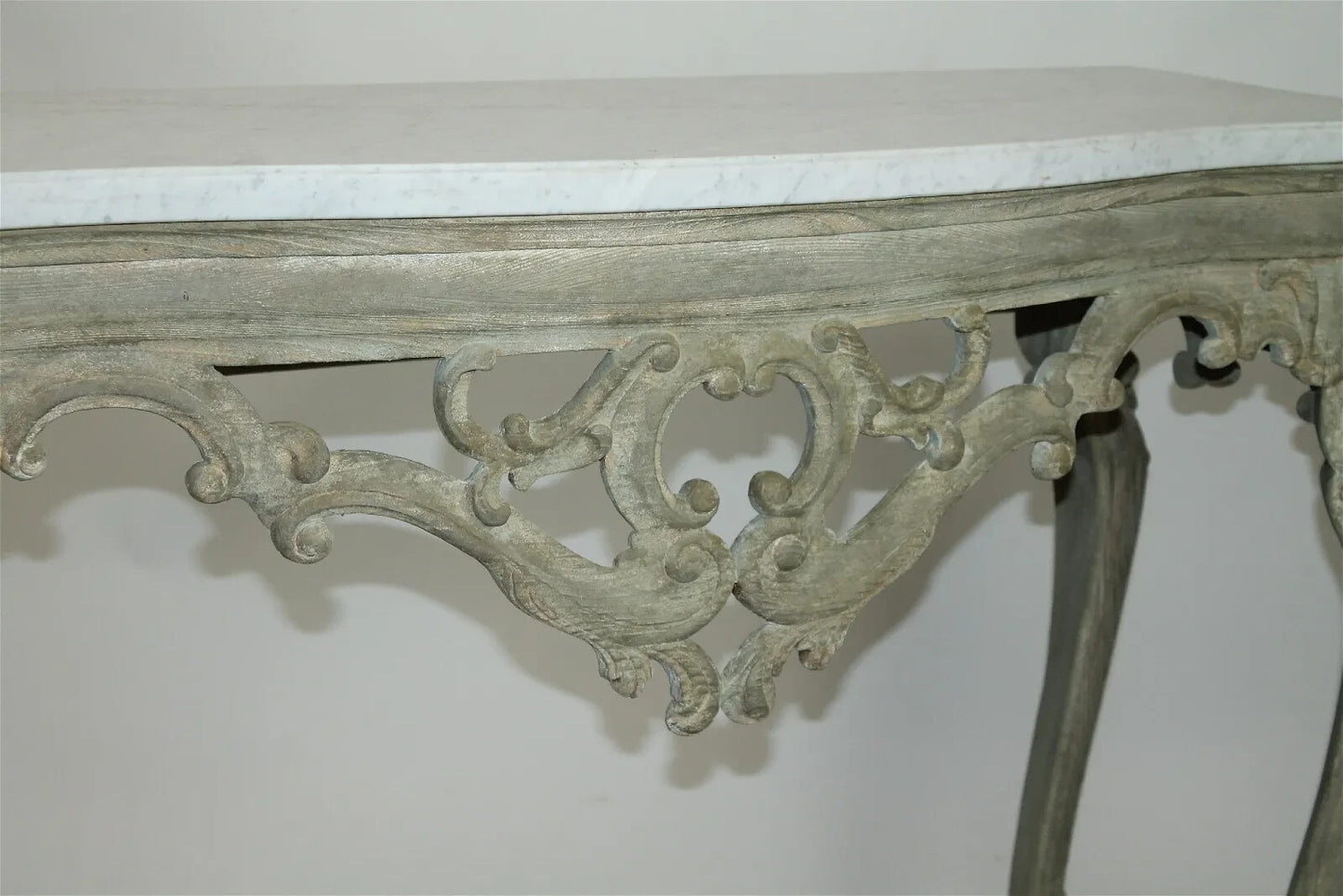 Antique Italian Pierced & White Washed Console Table w/ Marble Top