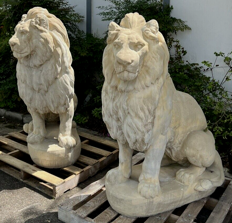 Full Size Large Pair of Belgian Cast Stone Entry Seated Lions Entrance Driveway