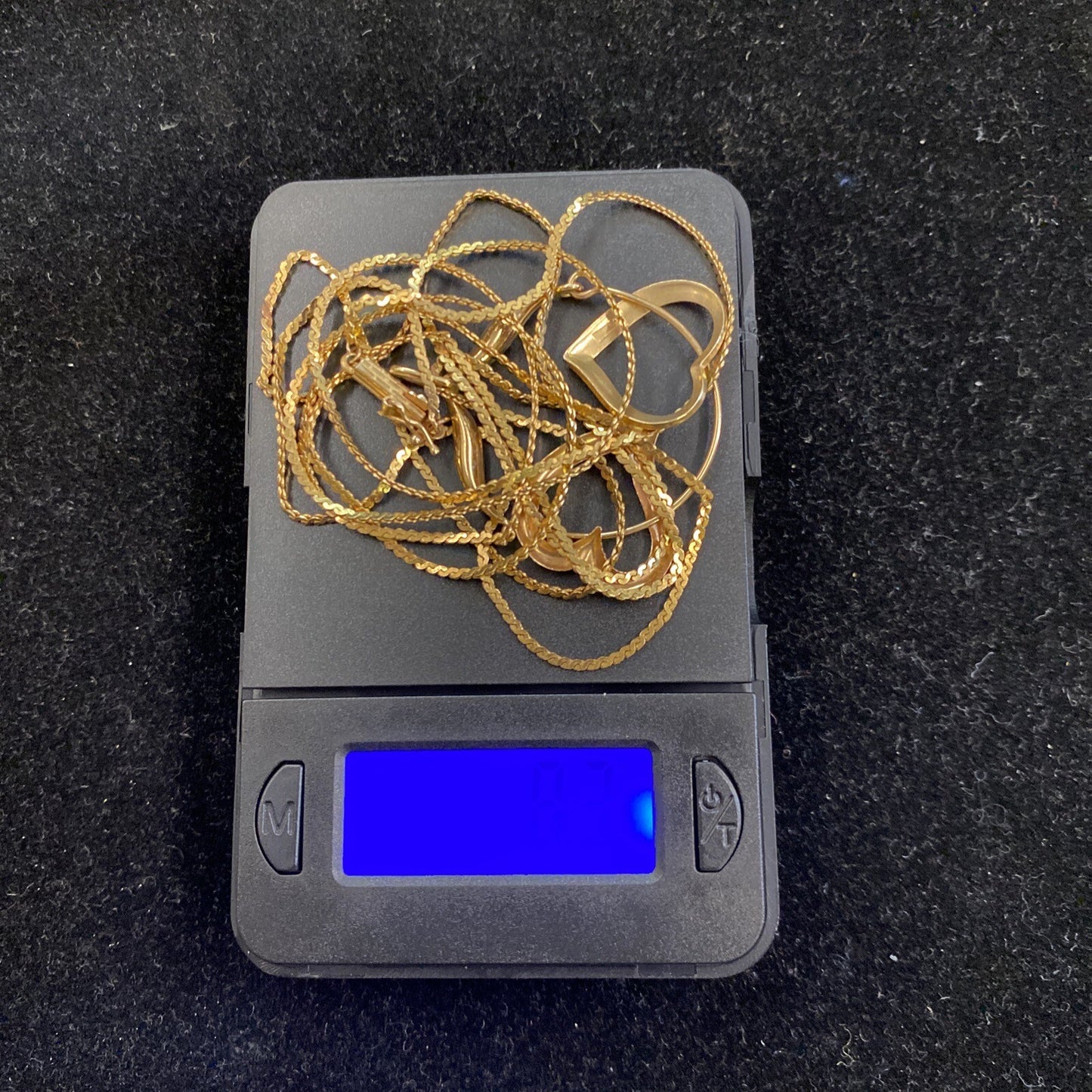 14K Necklace 36" w/ Charm Holder  & 2  Heart Pendants 8.3g CB7