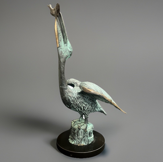 SPI Home Gallery Bronze Pelican Eating Fish Sculpture w/ Marble Base 15" PB2