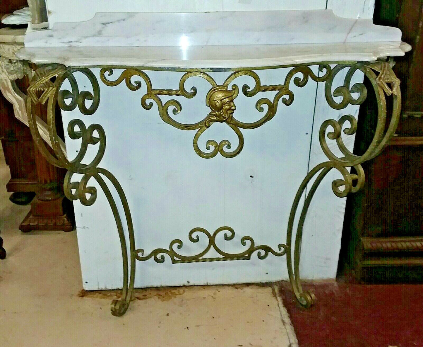 Antique Gilt Metal Console with Marble Top Entryway Italian