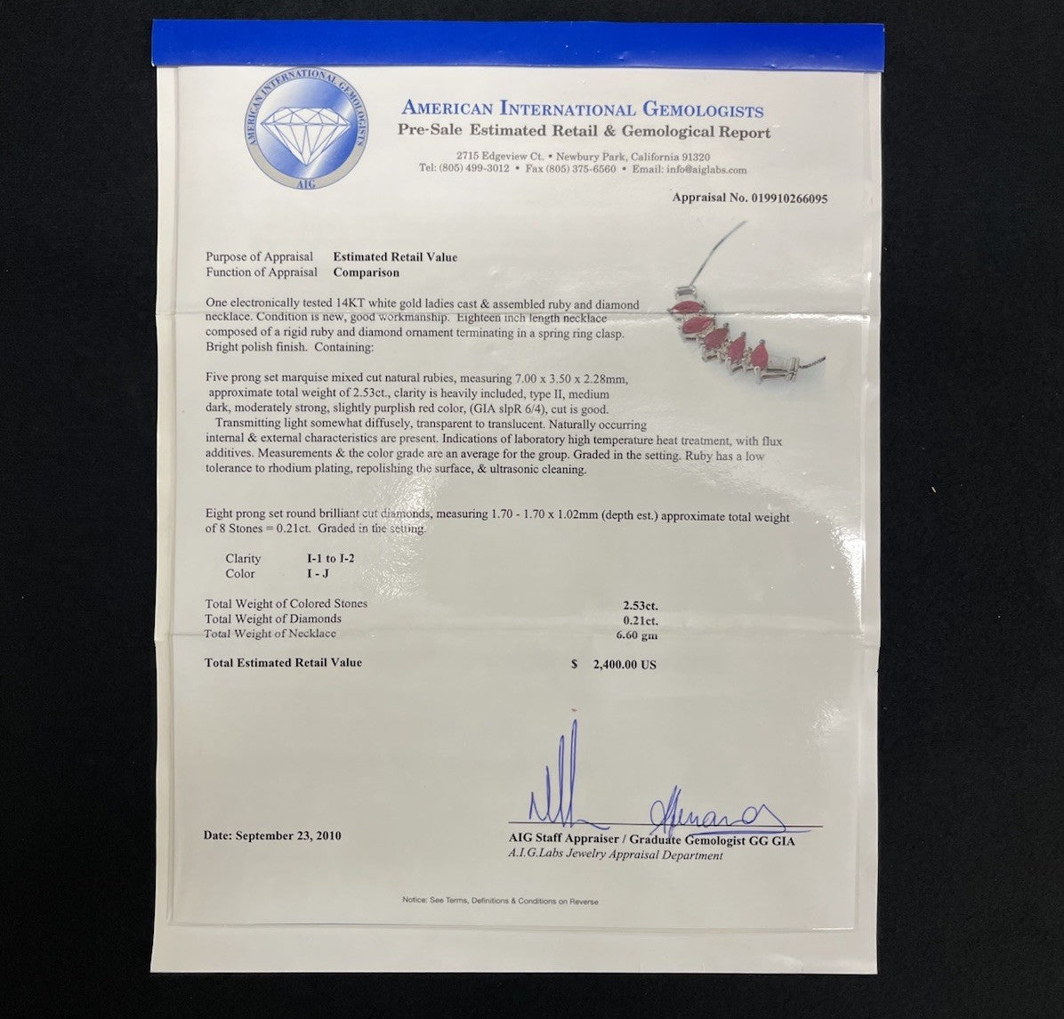 14k White Gold 0.21ct Diamond and 2.53ct Red Ruby Collar Necklace 50% off retail