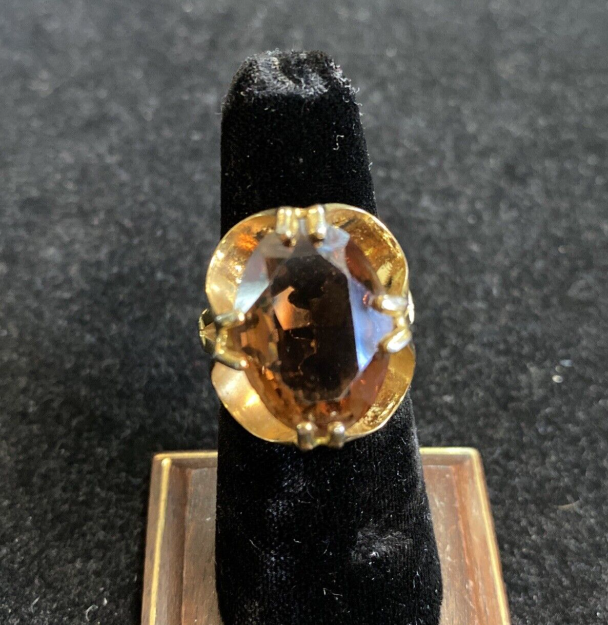 1960s Gold Plated Synthetic Dark Cognac Citrine Ring Sz 5.5 7g JM6