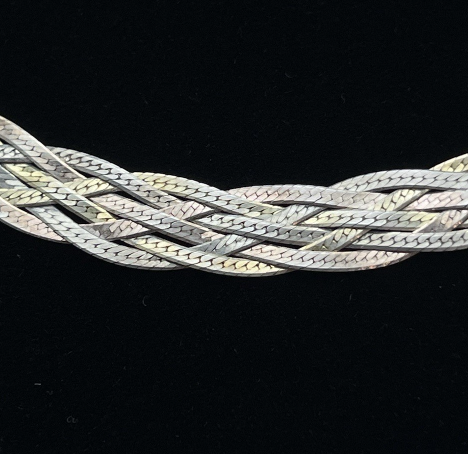 Italian FAS Sterling Silver 3-Tone Braided Herringbone Necklace & Bracelet 20 g