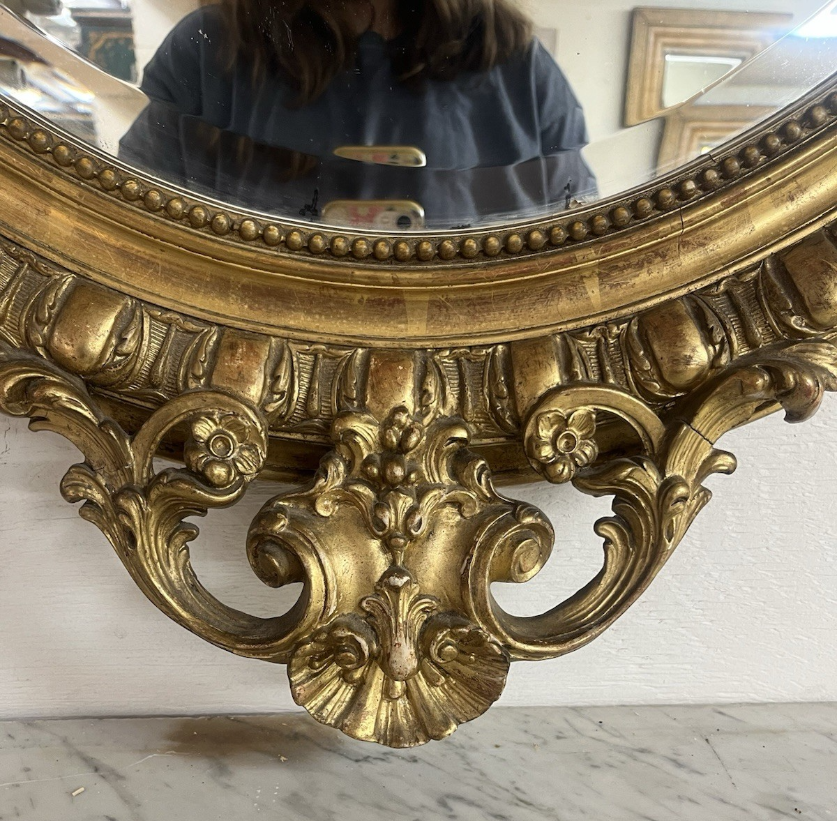 LARGE LOUIS XVI GOLD GILTWOOD OVAL WALL HANGING MIRROR, 55"H
