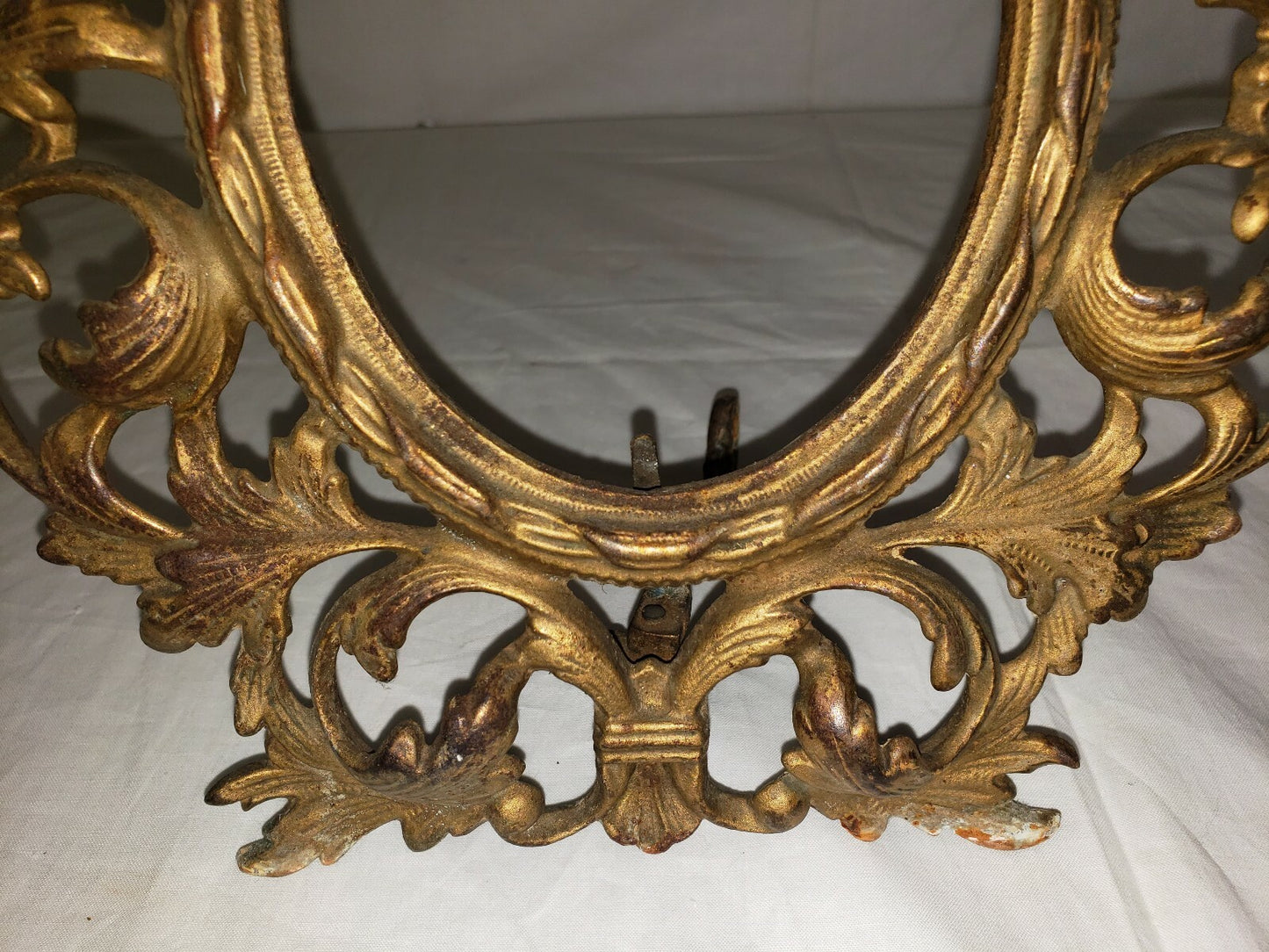 Antique Oval Gilt Cast Iron Tabletop Picture Frame  H 11" x W 8.5"  w Leg Rococo