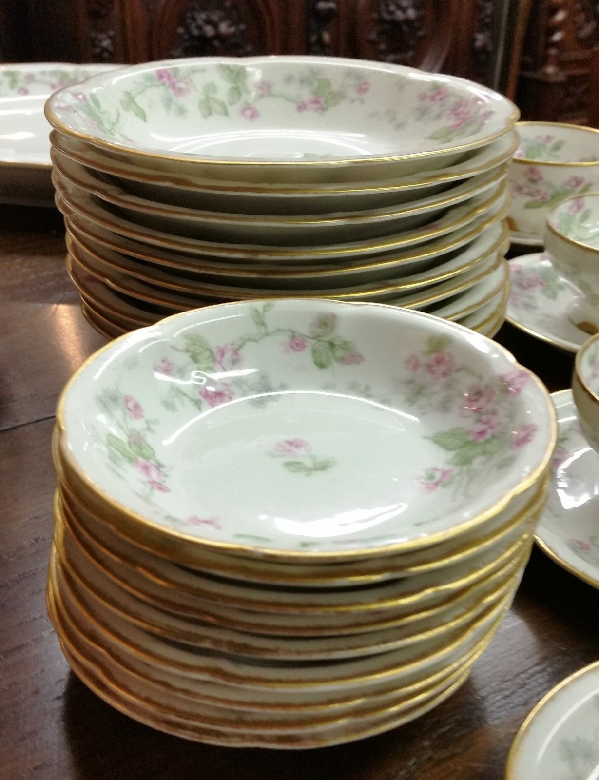 T Haviland  Set of 9 Dessert Bowls Pink Roses/Green Leaves/Sm Gray Flowers S161V