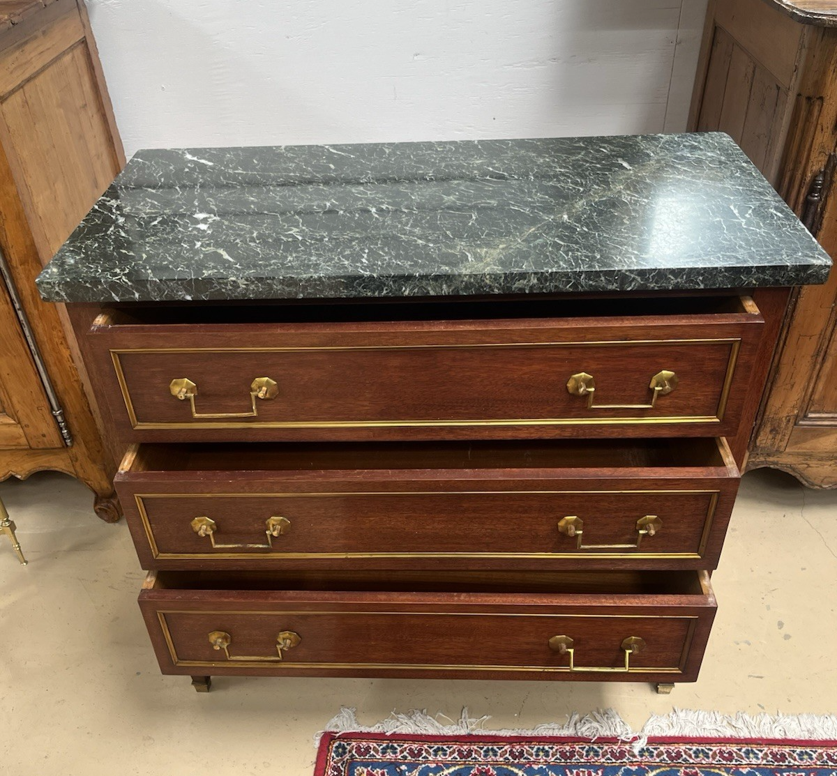 FRENCH LOUIS XVI STYLE MARBLE-TOP MAHOGANY COMMODE CHEST OF DRAWERS 36"Hx 39"W
