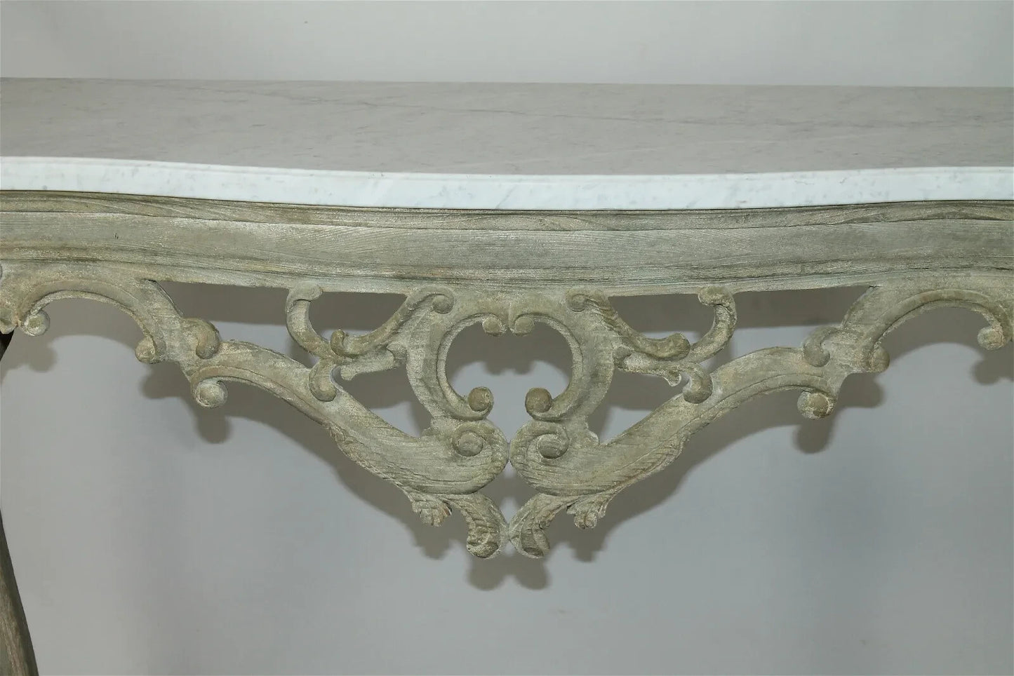 Antique Italian Pierced & White Washed Console Table w/ Marble Top