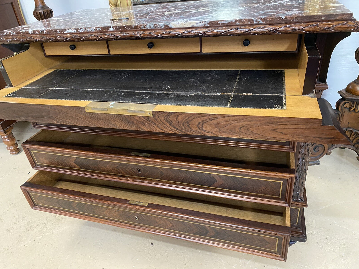FRENCH MARBLE-TOP ROSEWOOD COMMODE SECRETAIRE CHEST OF DRAWERS