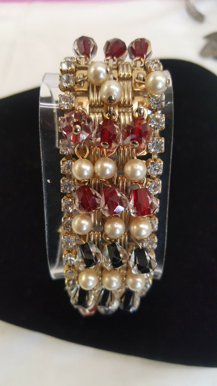 HOBE Ruby Onyx Pearl Diamanté & Gold Dangling Bracelet 1950's Hollywood Bling