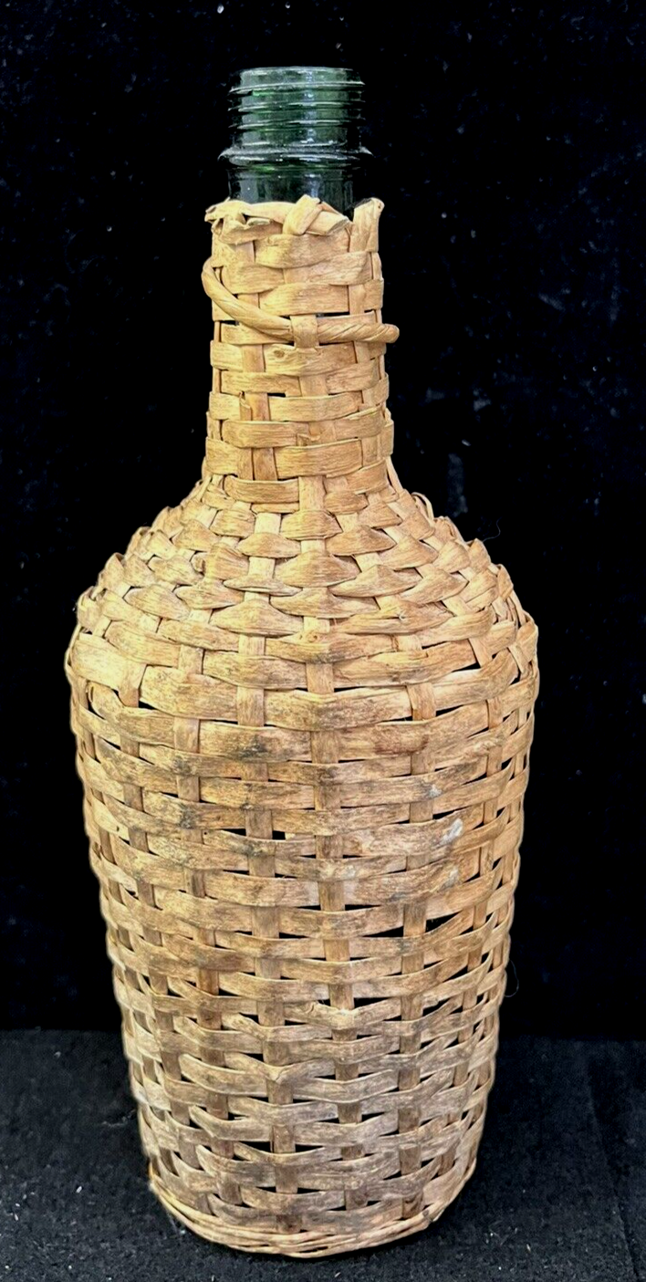 FRENCH ANTIQUE DEMIJOHN WICKER BOTTLE 11", GREEN GLASS, MADE IN FRANCE