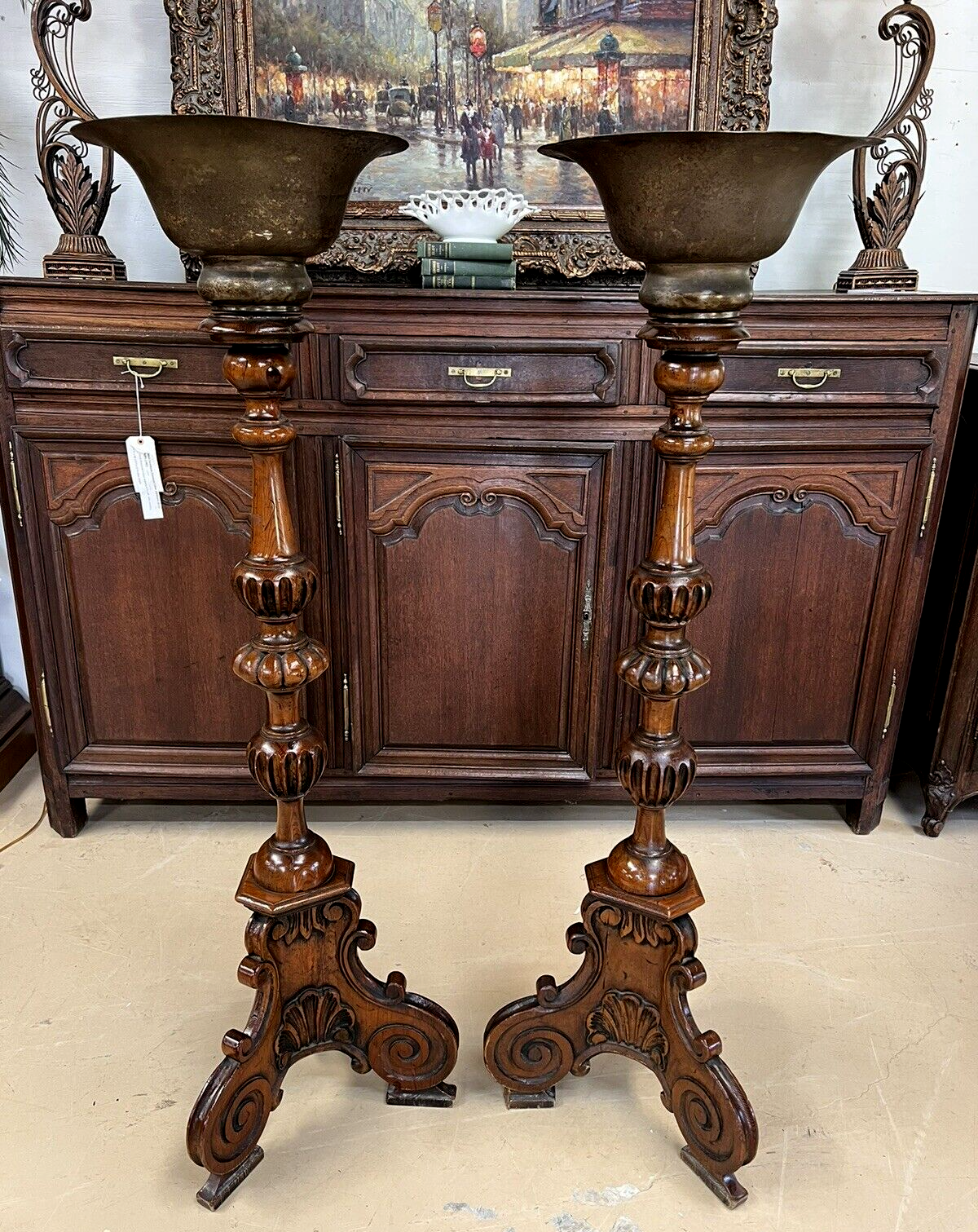 Pair of Antique French Oak Tall Pedestals brass planters jardinière entryway