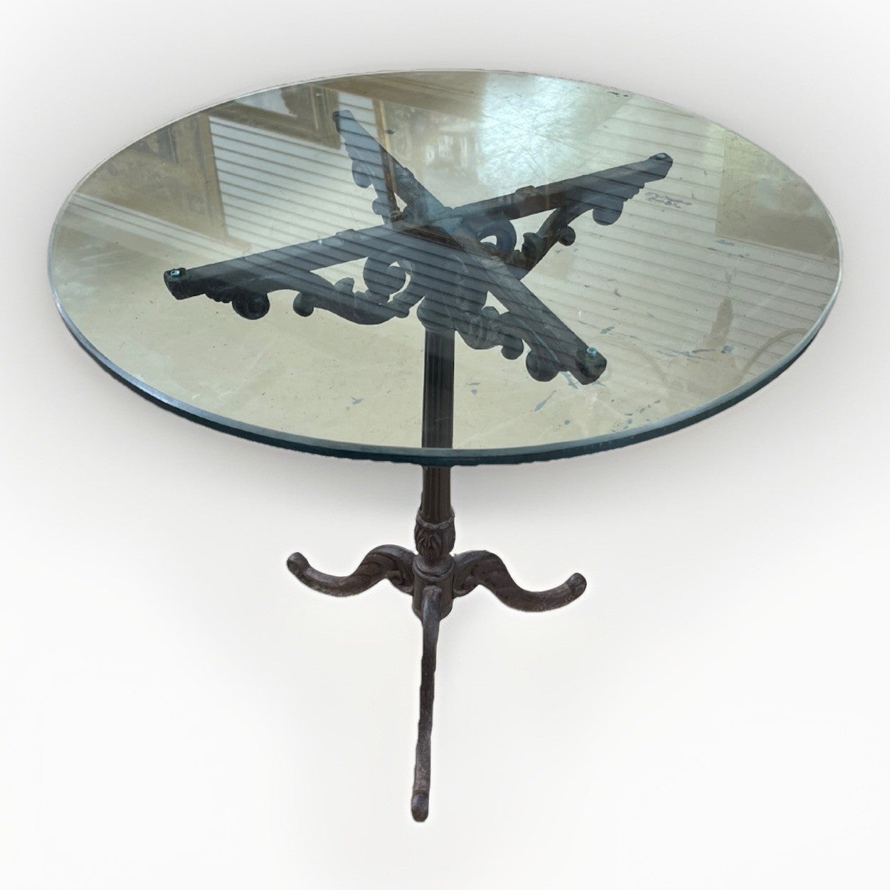 ANTIQUE FRENCH CAST IRON BISTRO/ PUB STYLE PEDESTAL TABLE W/ GLASS TOP