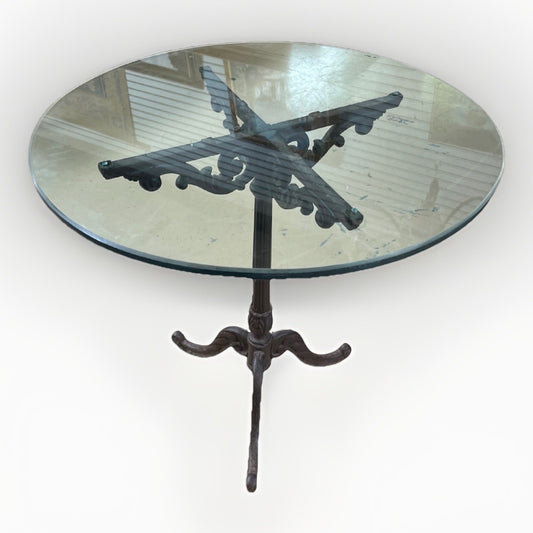 ANTIQUE FRENCH CAST IRON BISTRO/ PUB STYLE PEDESTAL TABLE W/ GLASS TOP