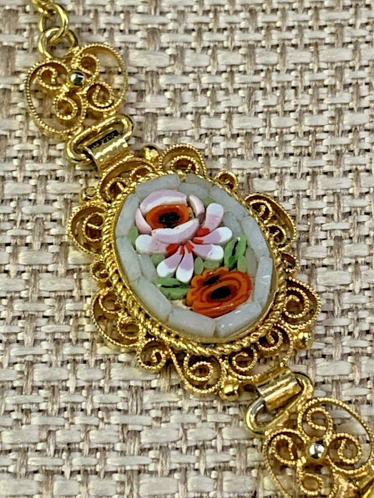 Antique Italian Grand Tour 3 pc Micromosaic & Filigree Pendant Necklace 18"