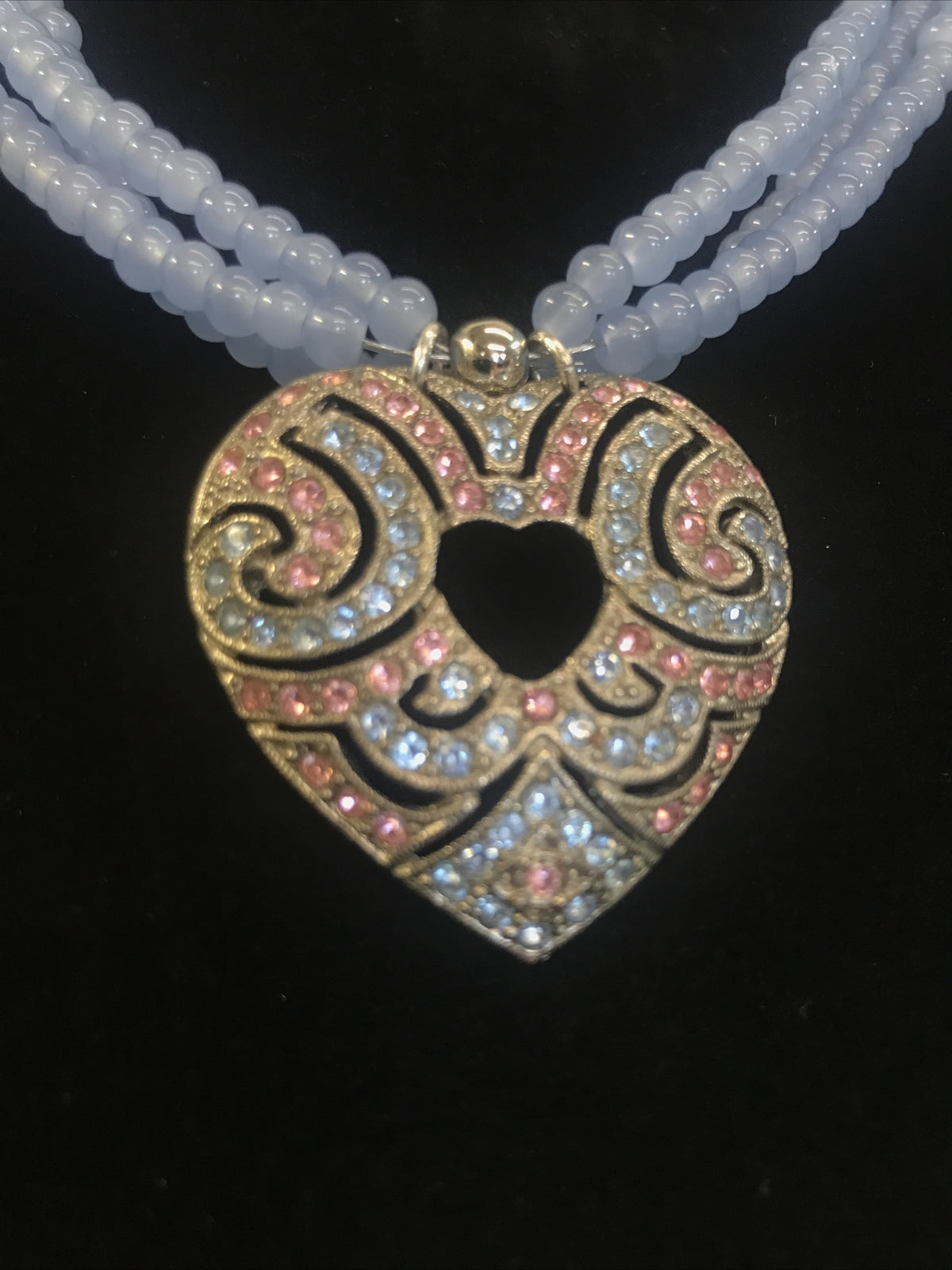 Vintage Blue Glass Bead Necklace with heart  blue & pink rhinestone pendant