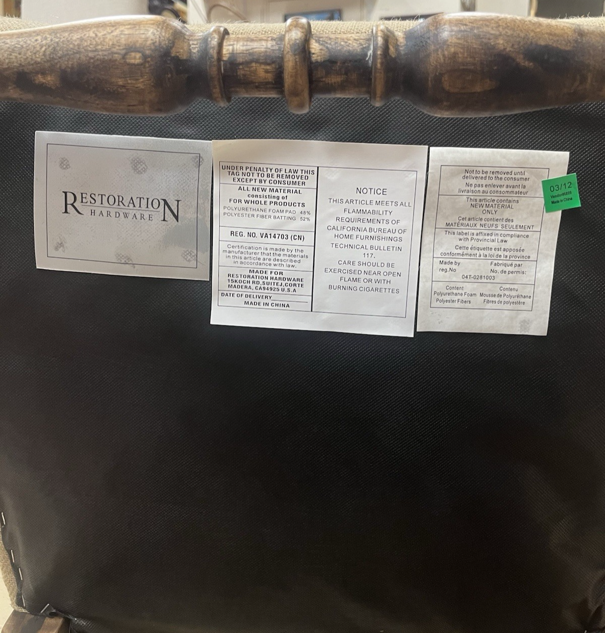 PAIR OF RESTORATION HARDWARE '1890 ENGLISH BAROQUE' BURLAP HIGHBACK CHAIRS