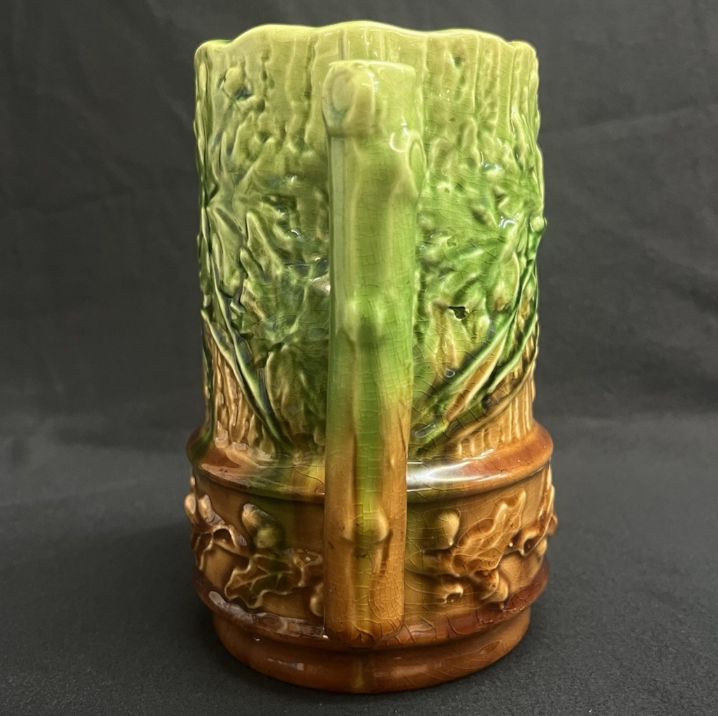 Antique Majolica Oak Leaf & Acorn Green Into Brown Glazed Pitcher 6.5"