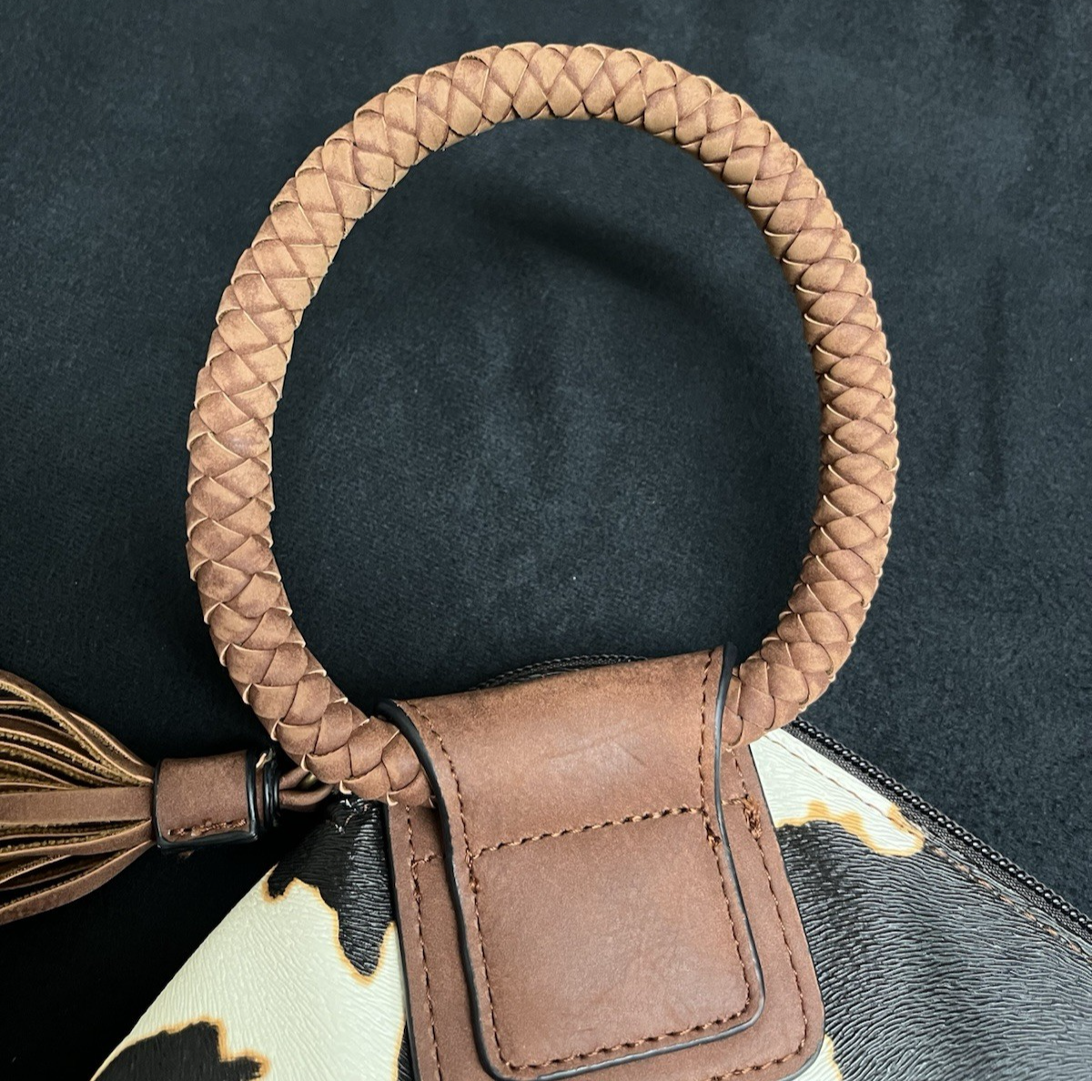 Cow Print Tassel Hand Clutch with Braided Bangle 10.75"