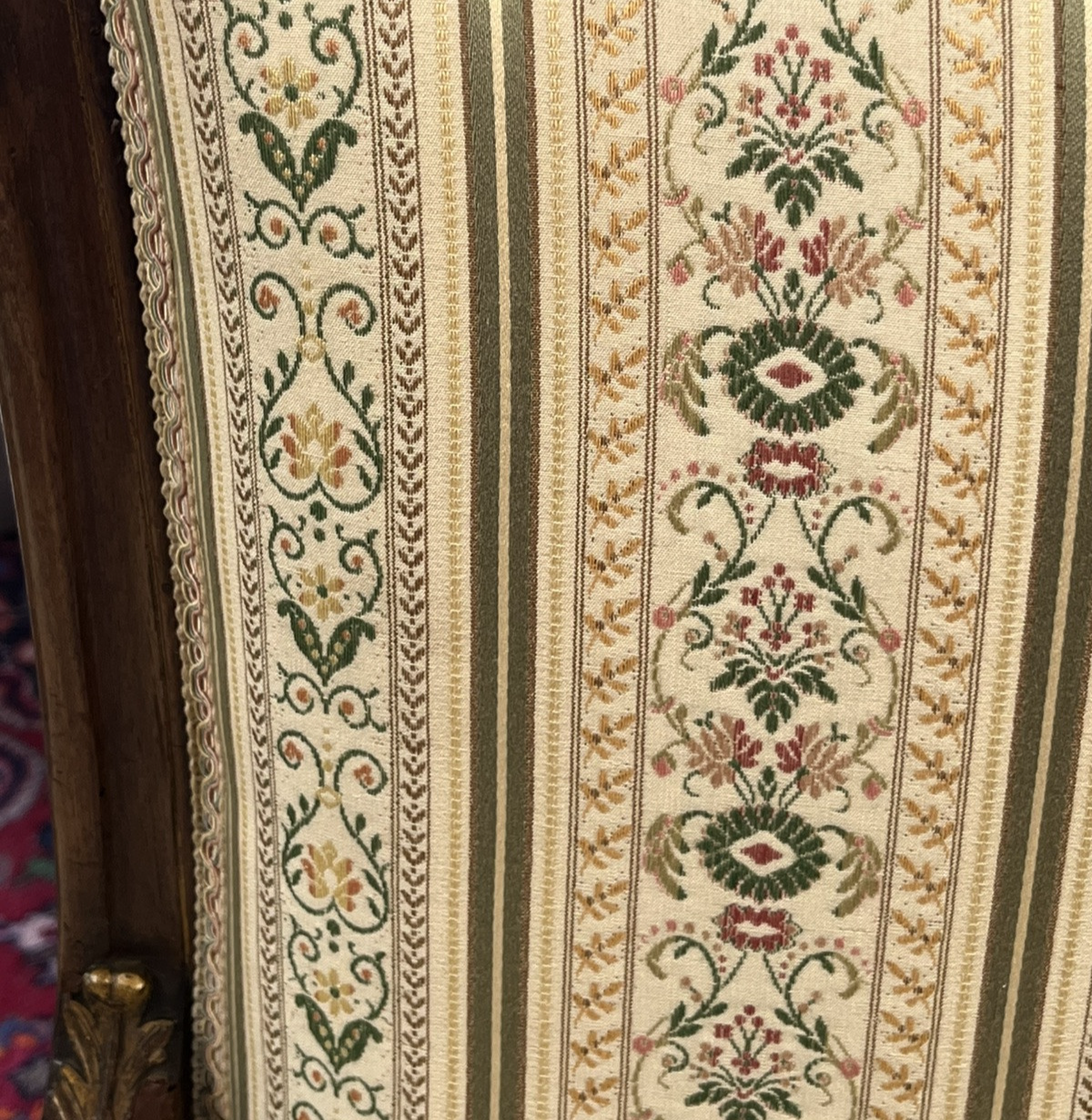 ANTIQUE FRENCH LOUIS XV CARVED & PARCEL-GILT UPHOLSTERED SALON SOFA COUCH SETTEE