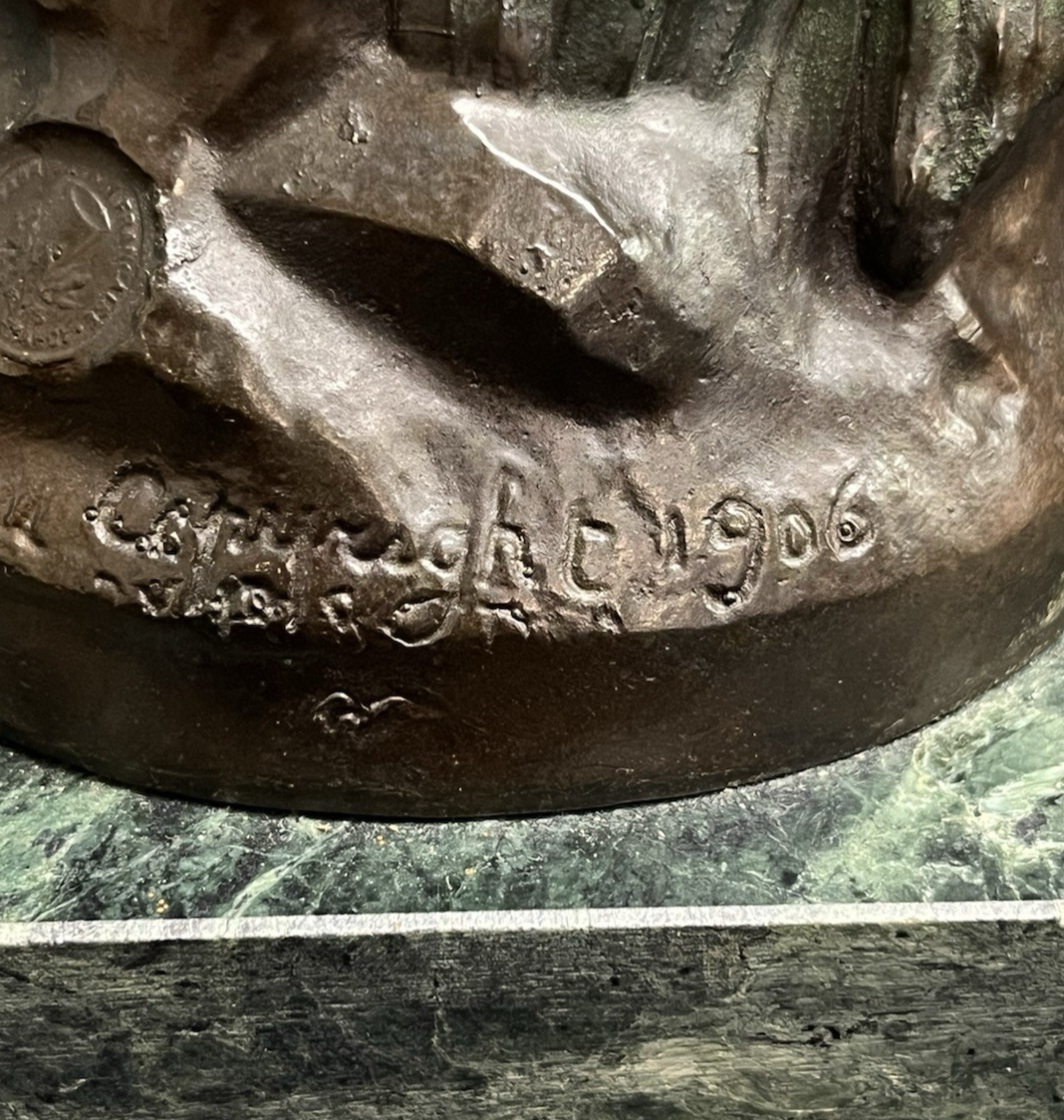 Vintage Auguste Moreau Bronze Sculpture on Marble Base Child w/ Goose Copr. 1906